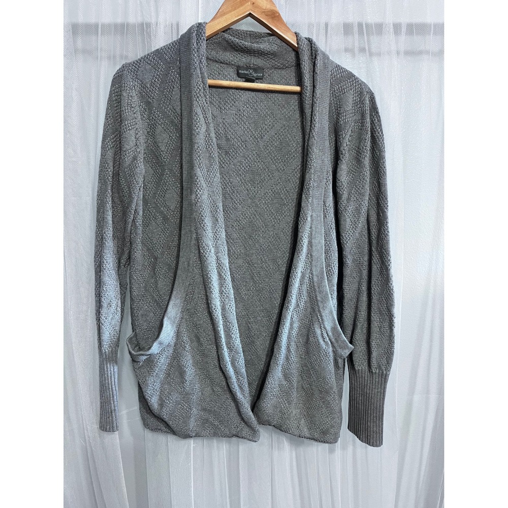 Market & Spruce Womens Grey Diamond Textured Open Front Cardigan Sweater Large